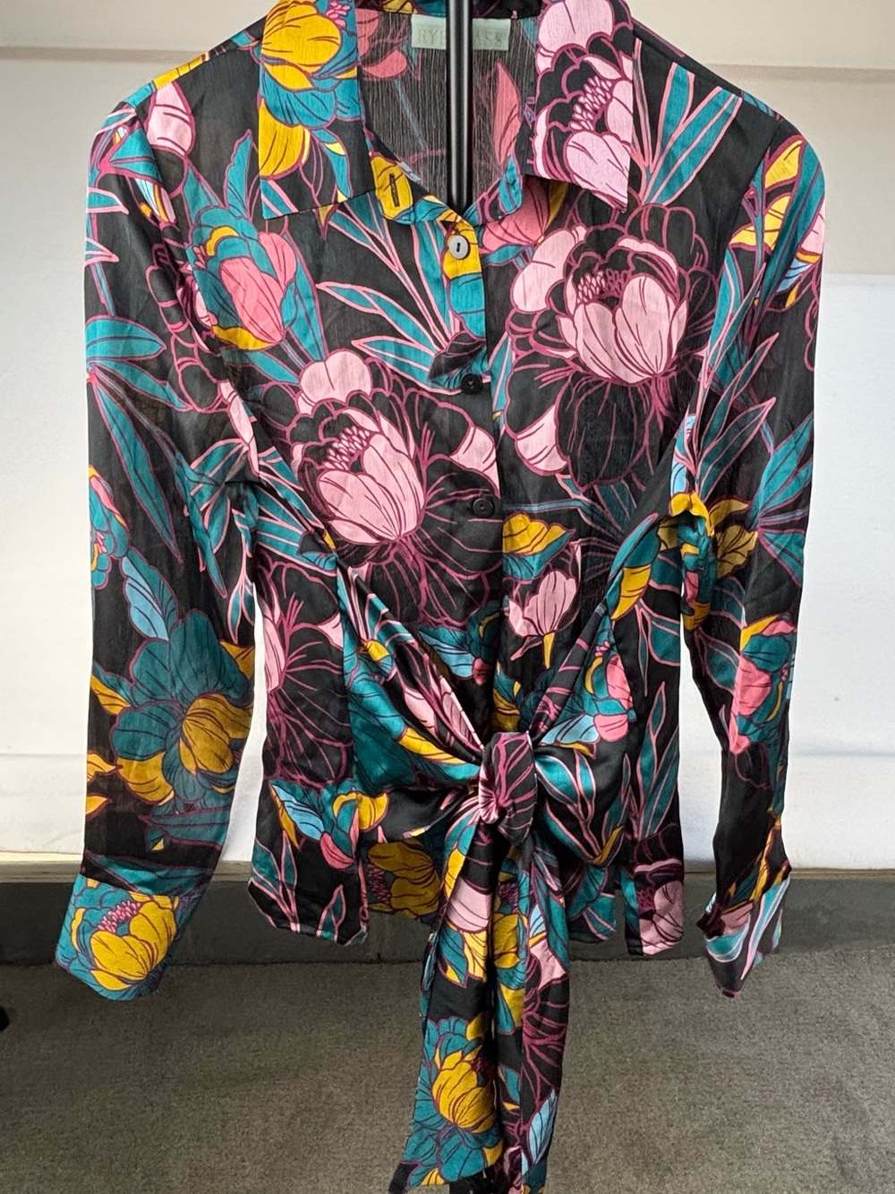 Floral Tie-Front Button-Down Shirt - Black with Pink, Teal & Yellow